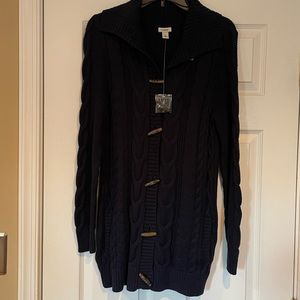 LL Bean Navy Long Chunky Cable-knit button down Sweater with toggle buttons.